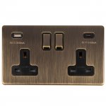 Eurolite AB2USBCB Concealed 3mm 2 gang 13A switched socket with USB C, Antique Brass