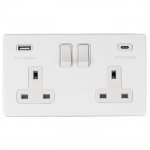 Eurolite ECW2USBCW Concealed 3mm 2 gang 13A switched socket with USB C , Matt White
