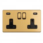 Eurolite ECSB2USBB Concealed 3mm 2 gang 13A switched socket with USB, Satin Brass