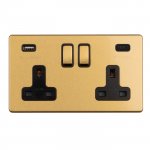 Eurolite ECSB2USBCB Concealed 3mm 2 gang 13A switched socket with USB C, Satin Brass