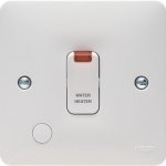 Hager WMDP85FON Sollysta 20A Double Pole White Wall Switch with LED Indicator & Flex Outlet marked 'WATER HEATER'