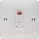 Hager WMDP85N Sollysta 20A Double Pole White Wall Switch with LED Indicator marked 'WATER HEATER'