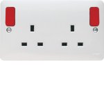 Hager WMSS82OR Sollysta 2 Gang Double Pole White Dual Earth Switched Socket with Red Outboard Rockers
