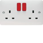 Hager WMSS82R Sollysta 2 Gang Double Pole White Dual Earth Switched Socket with Red Rockers