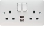Hager WMSS82USB Sollysta 13A 2 Gang Double Pole White Switched Socket with Twin USB Ports