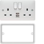 Hager WMSS82USBS Sollysta 13A 2 Gang Double Pole White Switched Socket with Twin USB Ports & Spacer