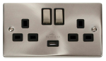 CLICK VPSC570BK DECO Satin Chrome 13A Ingot 2 Gang Switched Socket Outlet With Single 2.1A USB Outlet Victorian Black