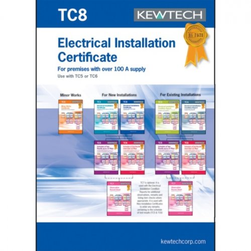 Kewtech TC8 New Electrical Installation Certificate for premises with over 100 A supply
