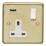 Eurolite SB1USBW Stainless steel 1 Gang USB socket 2.1A, Satin Brass, White rocker