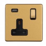 Eurolite ECSB1USBB Concealed 3mm 1 gang switched socket with USB, Satin Brass